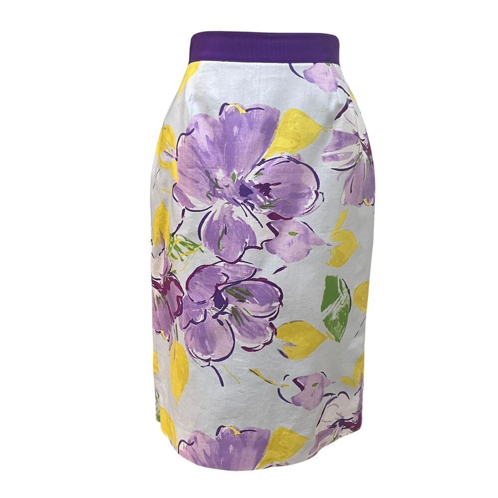 Kate Spade Pencil Skirt Lined Zip Women's 4 Yellow Purple Floral Cotton Silk